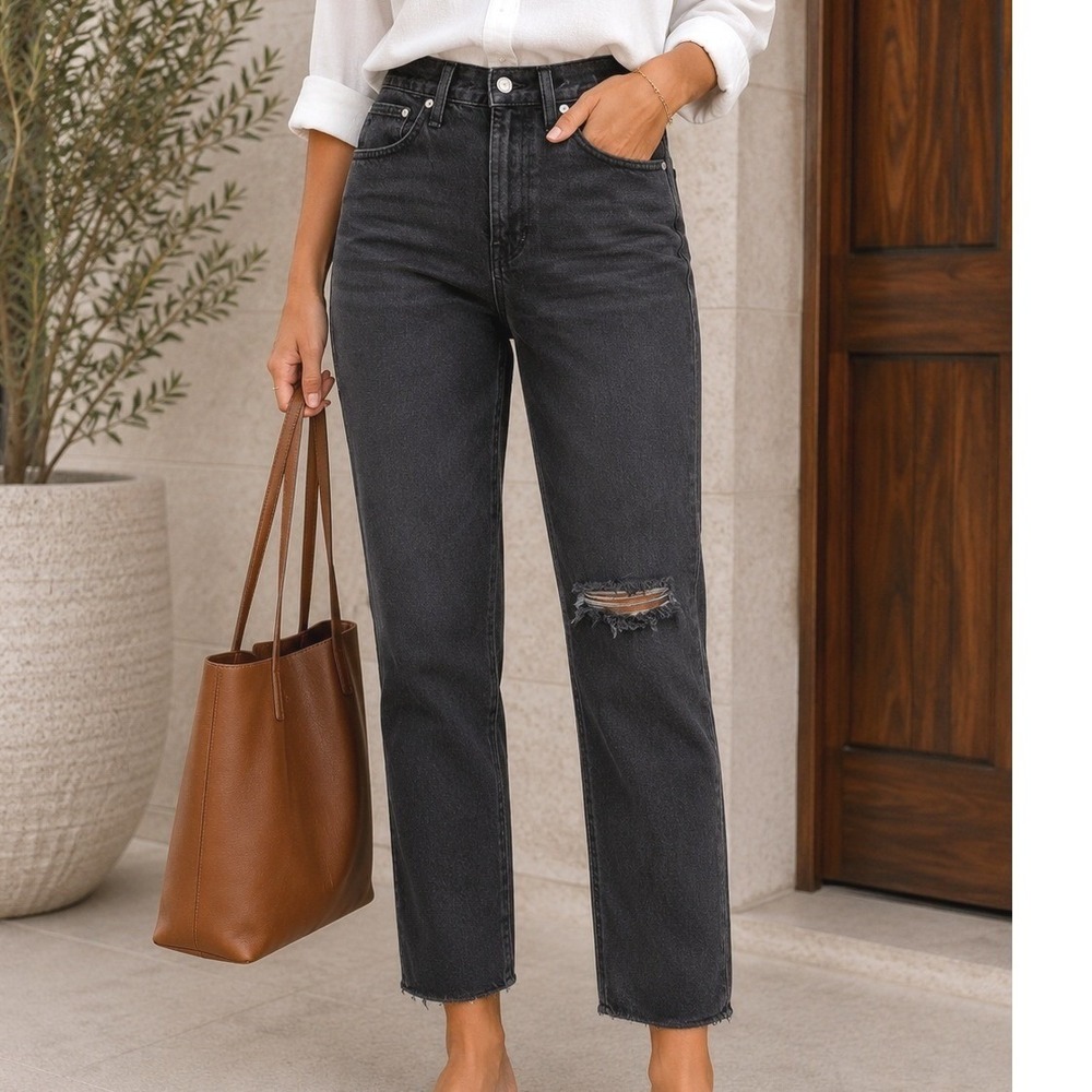 Madewell‎ The Perfect Vintage Jean 27 High Rise Straight Leg Black Distress Knee